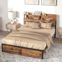 5.2FT Bed Frame with Storage Headboard and Under Bed Storage - Black and Brown