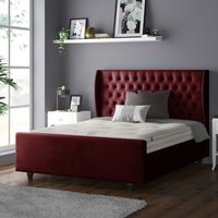 Aurora Chesterfield Wing Plush Velvet Bed Frame with Matching Buttons - Burgundy / Single
