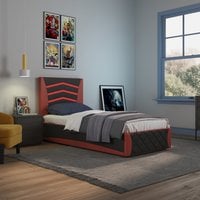 Galaxy Ottoman Storage LED Headboard Gaming Single Bed Frame - Black and Red