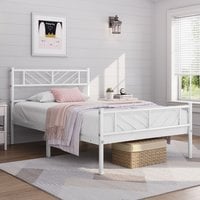 Metal Bed Frame with Arrow Design Headboard and Footboard - White / Single