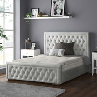 Sandringham Bordered Chesterfield Plush Velvet Bed Frame with Diamonds - Silver / Double