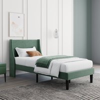 Single Bed Velvet Dark Green 3FT Upholstered Bed with Winged Headboard - Green