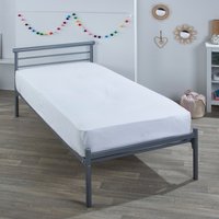 Strong Silver Metal Single Bed with Plain White Bedding Set - Grey