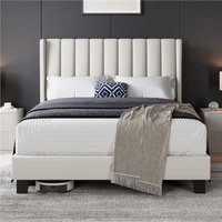 Yaheetech Upholstered Bed Frame with Channel Tufted Headboard  Beige  Double | Bed Sava