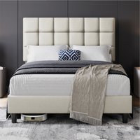Yaheetech Upholstered Bed Frame with Square Tufted Headboard  Beige  Double | Bed Sava