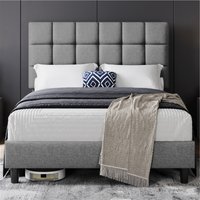 Yaheetech Upholstered Bed Frame with Square Tufted Headboard  Light Grey  Double | Bed Sava