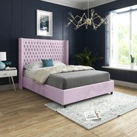 Volta Straight Winged Upholstered Soft Velvet Bed Frame - Pink / Small Double
