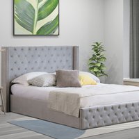 Winged Velvet Storage Bed Frame with Headboard - Light Grey / Double