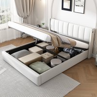 LED Upholstered Bed with Storage Space and Adjustable Headboard - White / Double