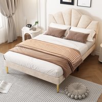 Velvet Upholstered Bed with Height adjustable Headboard  Beige  King | Bed Sava