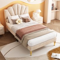 Velvet Upholstered Bed with Height adjustable Headboard  Beige  Single | Bed Sava