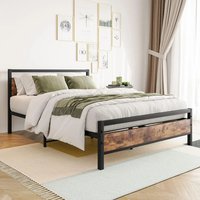 Double Bed Frame with Wood Headboard Heavy Duty - Brown