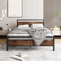 Double Bed Frame with Wooden Headboard Heavy Duty - Brown
