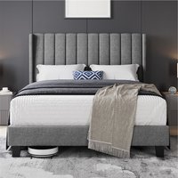 Yaheetech Upholstered Bed Frame with Channel Tufted Headboard  Light Grey  Double | Bed Sava