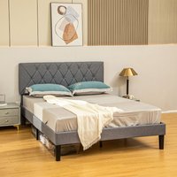 HOMCOM Linen Bed Frame with 5-Level Adjustable Headboard - Grey / Double