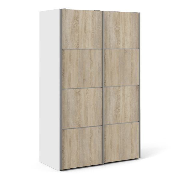 Verona Sliding Wardrobe 120cm in White with Oak Doors with 5 Shelves | Bed Sava