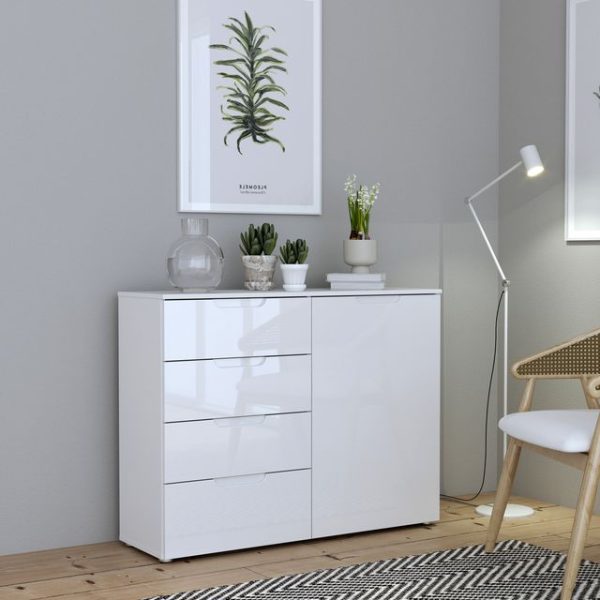 Sienna 4 Chest of Drawers 1 Door in WhiteWhite High Gloss | Bed Sava