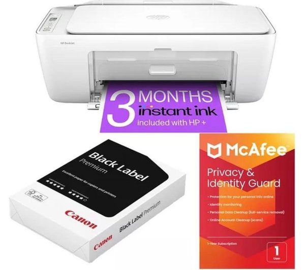HP DeskJet 2810e All in One Wireless Inkjet Printer  Instant Ink with HP+ A4 Premium Black Label Paper 500 Sheets  Privacy  Identity Guard 1 year for 1 user Bundle White | Bed Sava