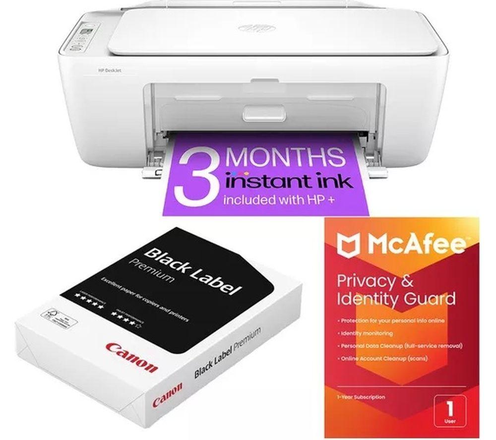 HP DeskJet 2810e All-in-One Wireless Inkjet Printer & Instant Ink with HP+, A4 Premium Black Label Paper (500 Sheets) & Privacy & Identity Guard (1 year for 1 user) Bundle, White