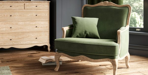 Sienna Velvet Armchair  Moss Green  Weathered Oak | Bed Sava