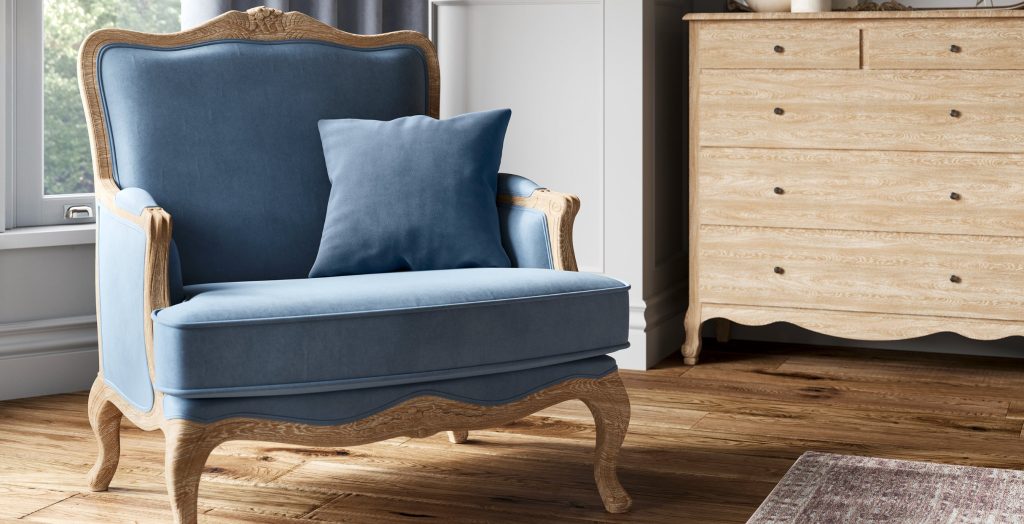 Sienna Velvet Armchair - French Blue / Weathered Oak