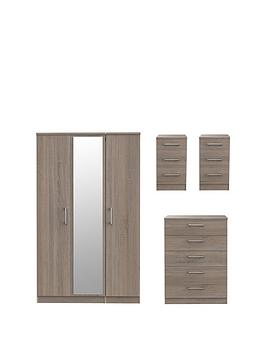 Swift Halton Part Assembled 4 Piece Package - 3 Door Mirrored Wardrobe, 5 Drawer Chest And 2 Bedside Chests - Fsc&Reg; Certified