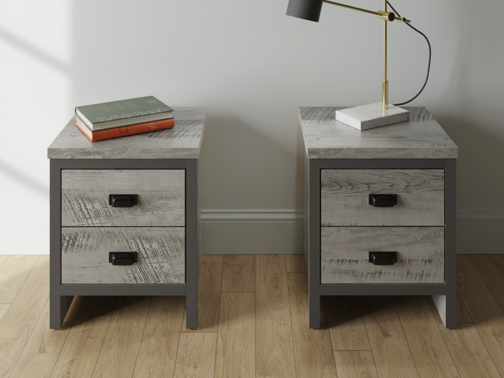 GFW Boston 2 Drawer Bedside Table Pair Distressed Grey Bedside Chest