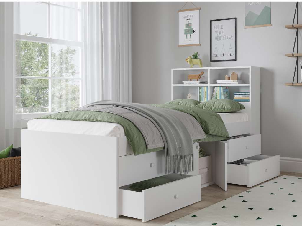 Kidsaw Captain's Cabin Bed with bookcase headboard Single White Cabin Bed