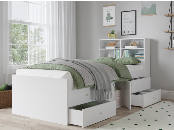 Kidsaw Captains Cabin Bed with bookcase headboard Single White Cabin Bed | Bed Sava