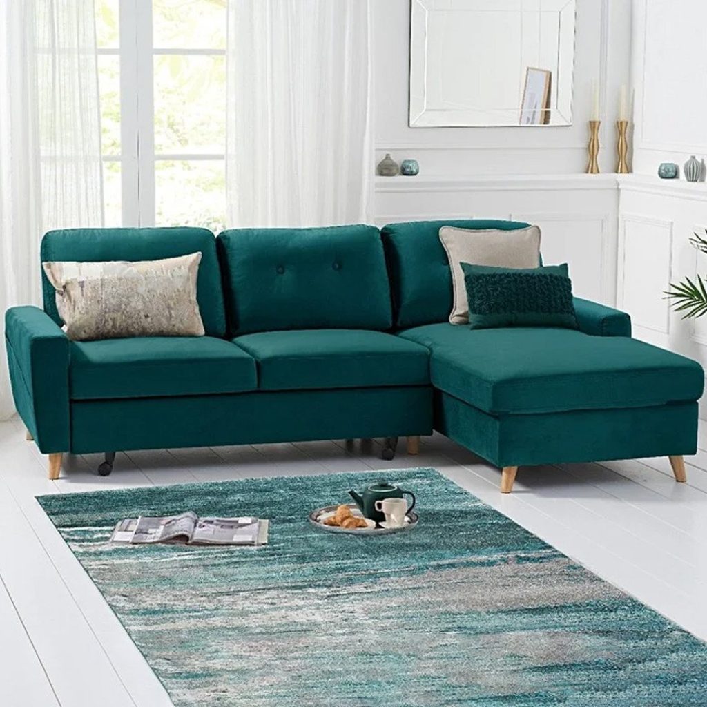 Florence Right Facing Chaise Sofa Bed in Green Velvet