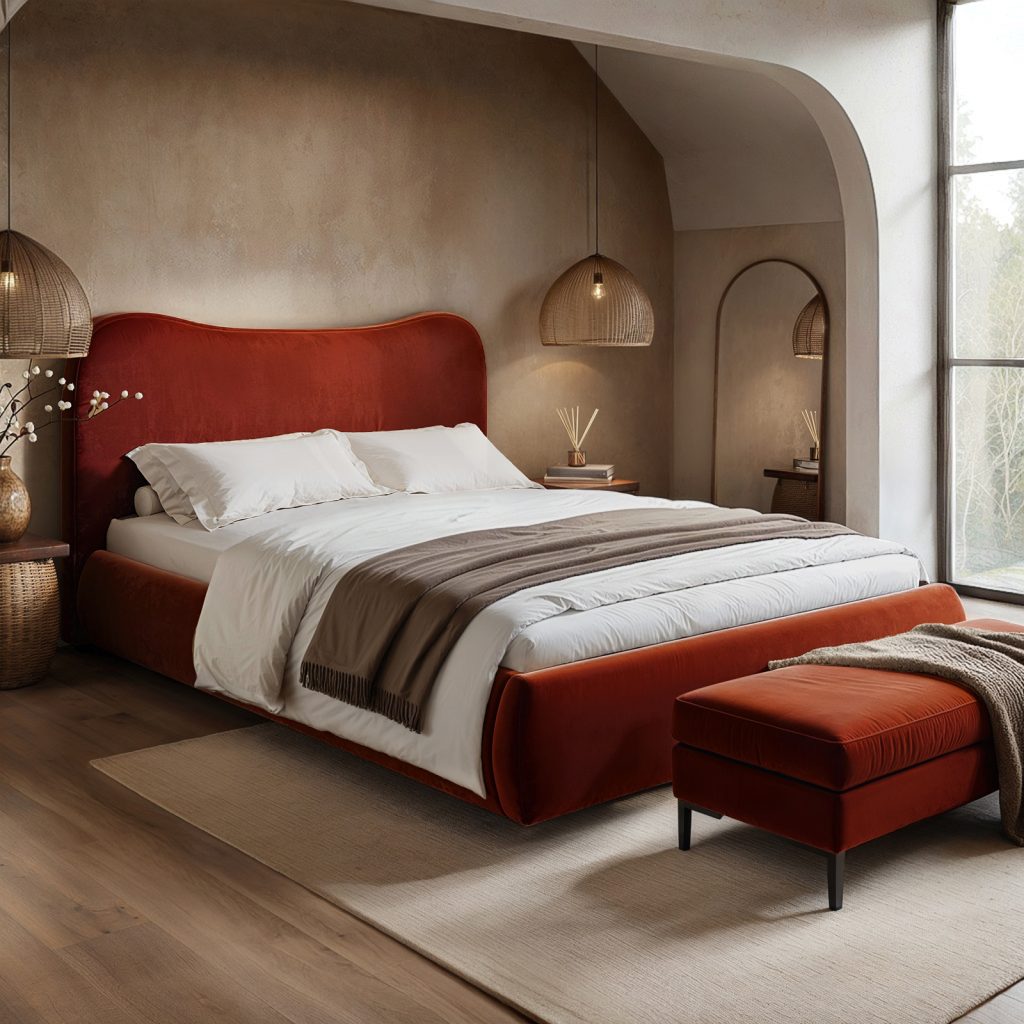 Solace+Co Ember Ottoman Bed Orange Velvet Kingsize