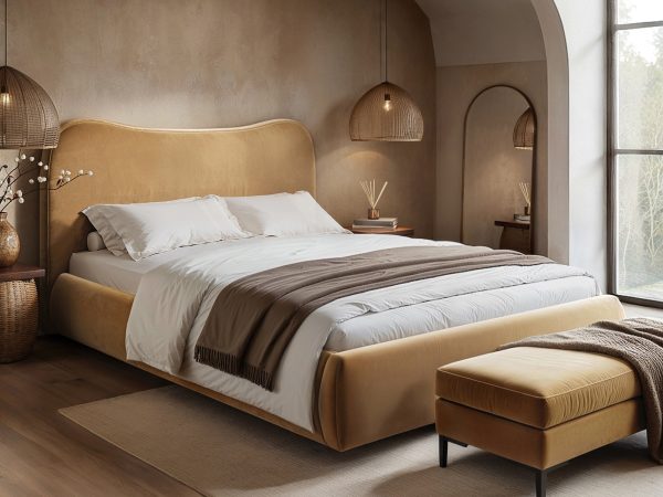 Solace+Co Ember Ottoman Bed Sand Velvet Double | Bed Sava