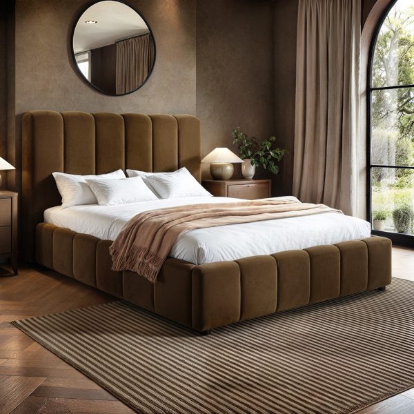 Solace+Co Emilie Ribbed Ottoman Double Bed Brown Velvet | Bed Sava