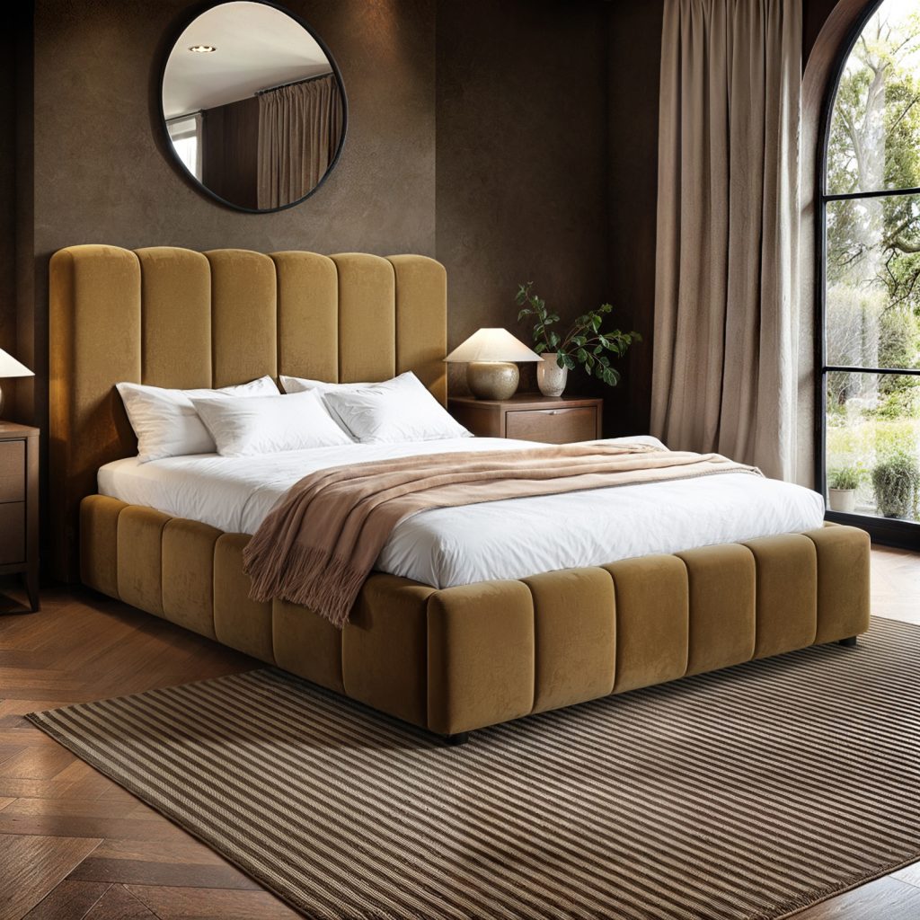 Solace+Co Emilie Ribbed Ottoman Double Bed Mocha Velvet