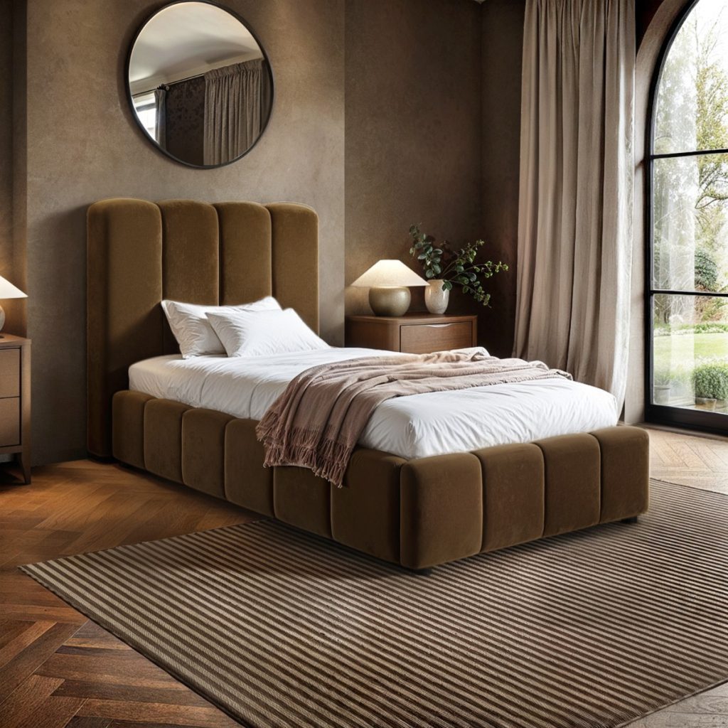 Solace+Co Emilie Single Ribbed Ottoman Bed Brown Velvet