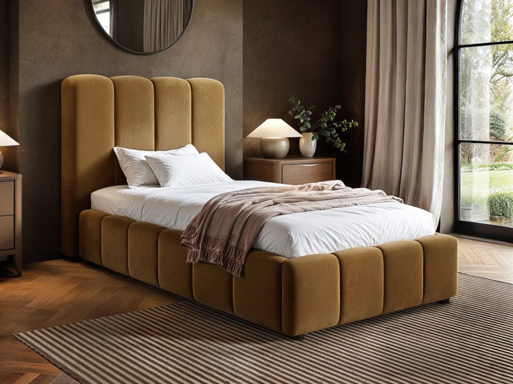 Solace+Co Emilie Single Ribbed Ottoman Bed Mocha Velvet