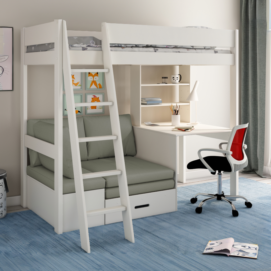 Kids Avenue Estella White High Sleeper with Desk and Futon-Grey