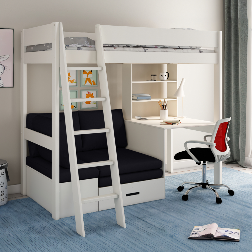 Kids Avenue Estella White High Sleeper with Desk and Futon-Black