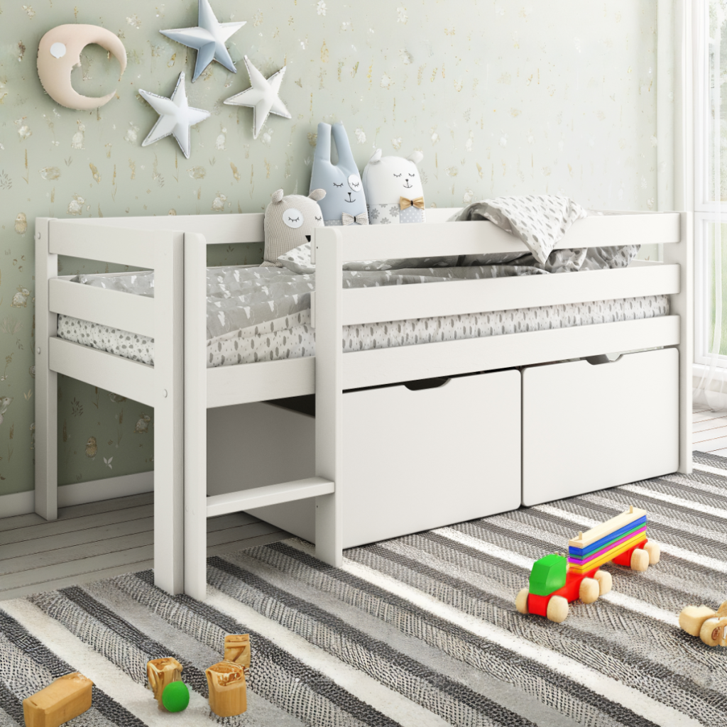Noomi Solid Wood Shorty Mid Sleeper with Crate Drawers White (FSC-Certified)