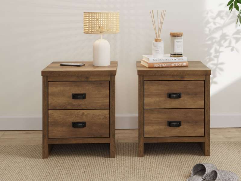 GFW Boston 2 Drawer Bedside Table Pair-Knotty Oak
