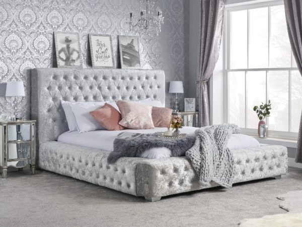 Birlea Grande Double Steel Crushed Velvet Fabric Bed | Bed Sava