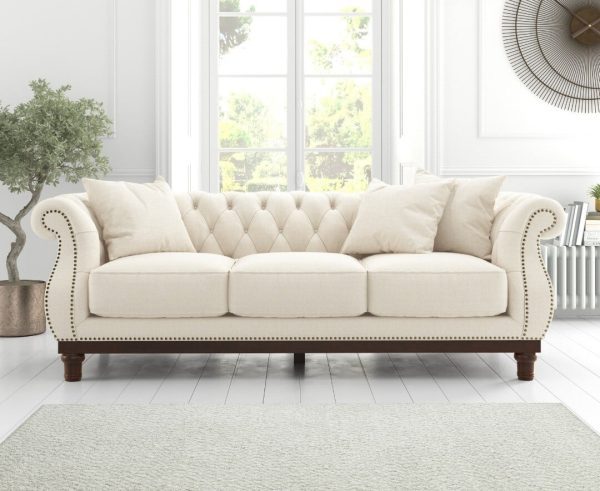 Harrow Chesterfield Ivory Linen Fabric 3 Seater Sofa | Bed Sava