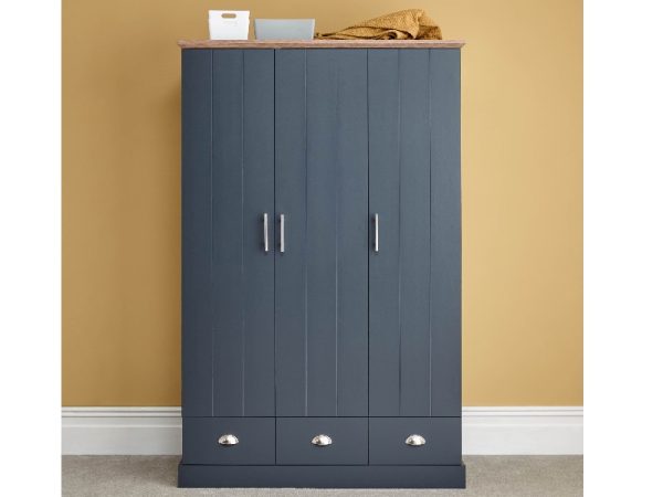 GFW Kendal 3 Door 3 Drawer Wardrobe Slate Blue Wardrobe | Bed Sava
