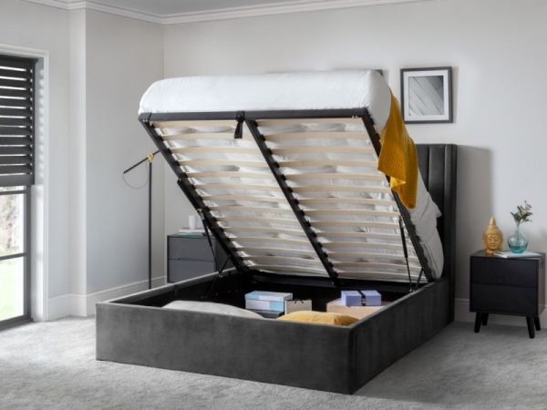 Julian Bowen Langham Scalloped Headboard Storage Bed Double Grey Velvet Ottoman Bed | Bed Sava
