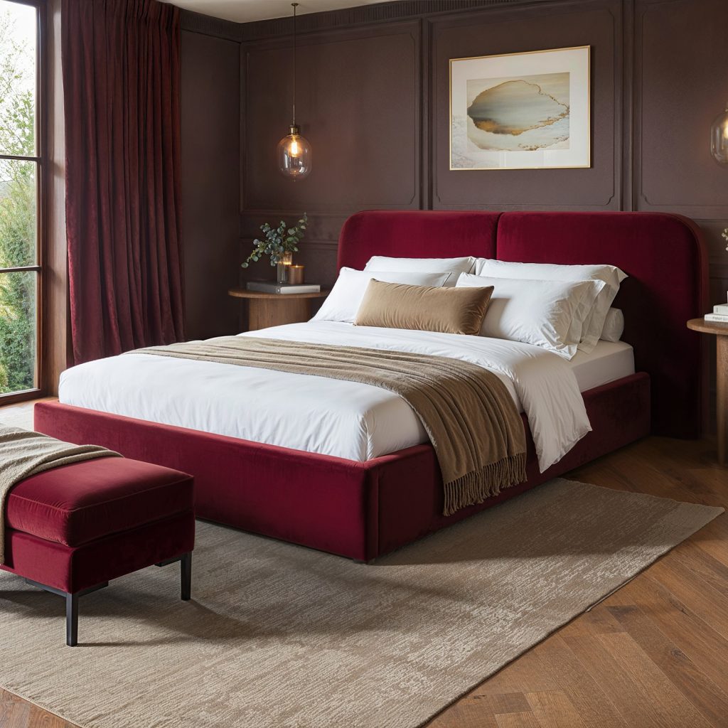 Solace+Co Lena Ottoman Bed Burgundy Velvet Kingsize