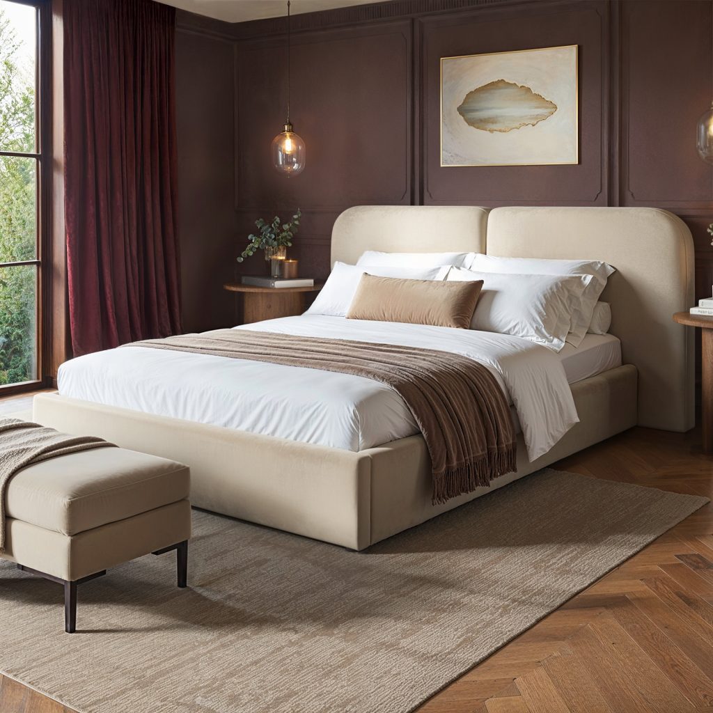 Solace+Co Lena Ottoman Bed Beige Velvet Kingsize