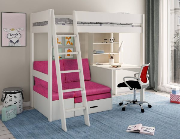 Kids Avenue Estella White High Sleeper with Desk and Futon Pink | Bed Sava