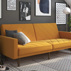 Dorel Paxson Linen Sofa Bed with Wooden Feet Mustard Linen Sofa Bed | Bed Sava