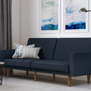 Dorel Paxson Linen Sofa Bed with Wooden Feet Navy Blue Linen Sofa Bed | Bed Sava