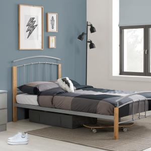 Birlea Tetras Single Silver and Natural Slatted Bedstead Metal Bed | Bed Sava